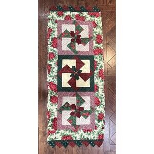 Handmade Christmas Pinwheel Quilted Table Runner Reversible W/ Buttons 61in